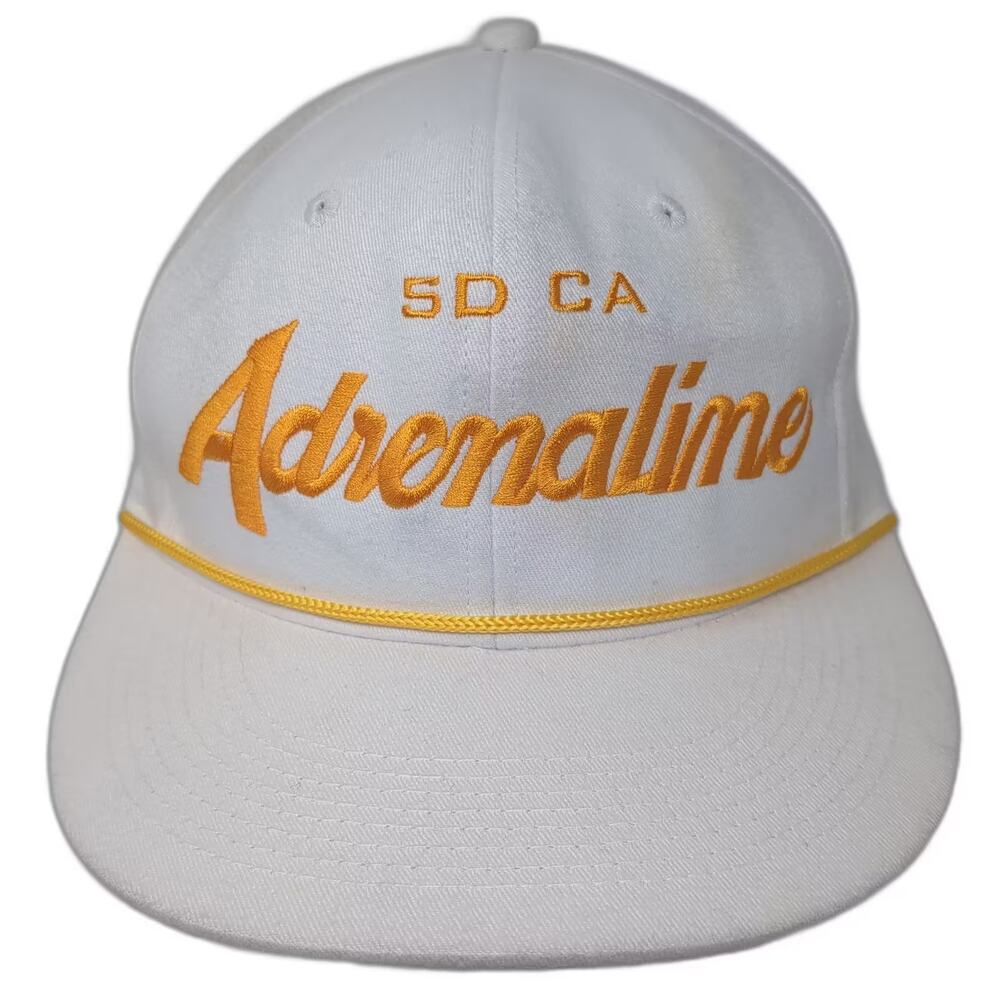 Adrenaline Snapback Hat White Gold 7 1/4 SD CA Embroidered Rope Detail Flat Brim